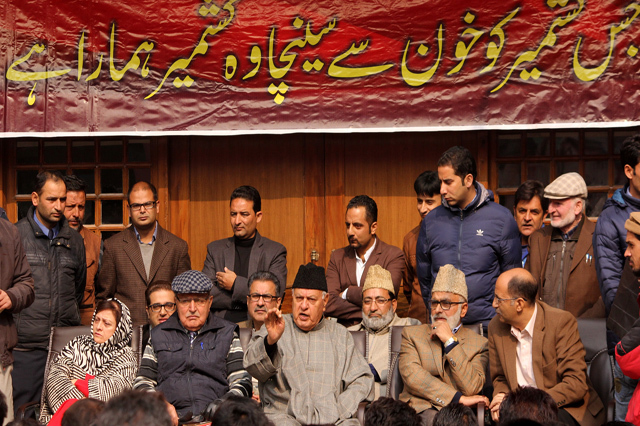 Farooq Abdullah addressing workers during a party convention at Nawa-e-Subh headquarters in Srinagar on Wednesday.
