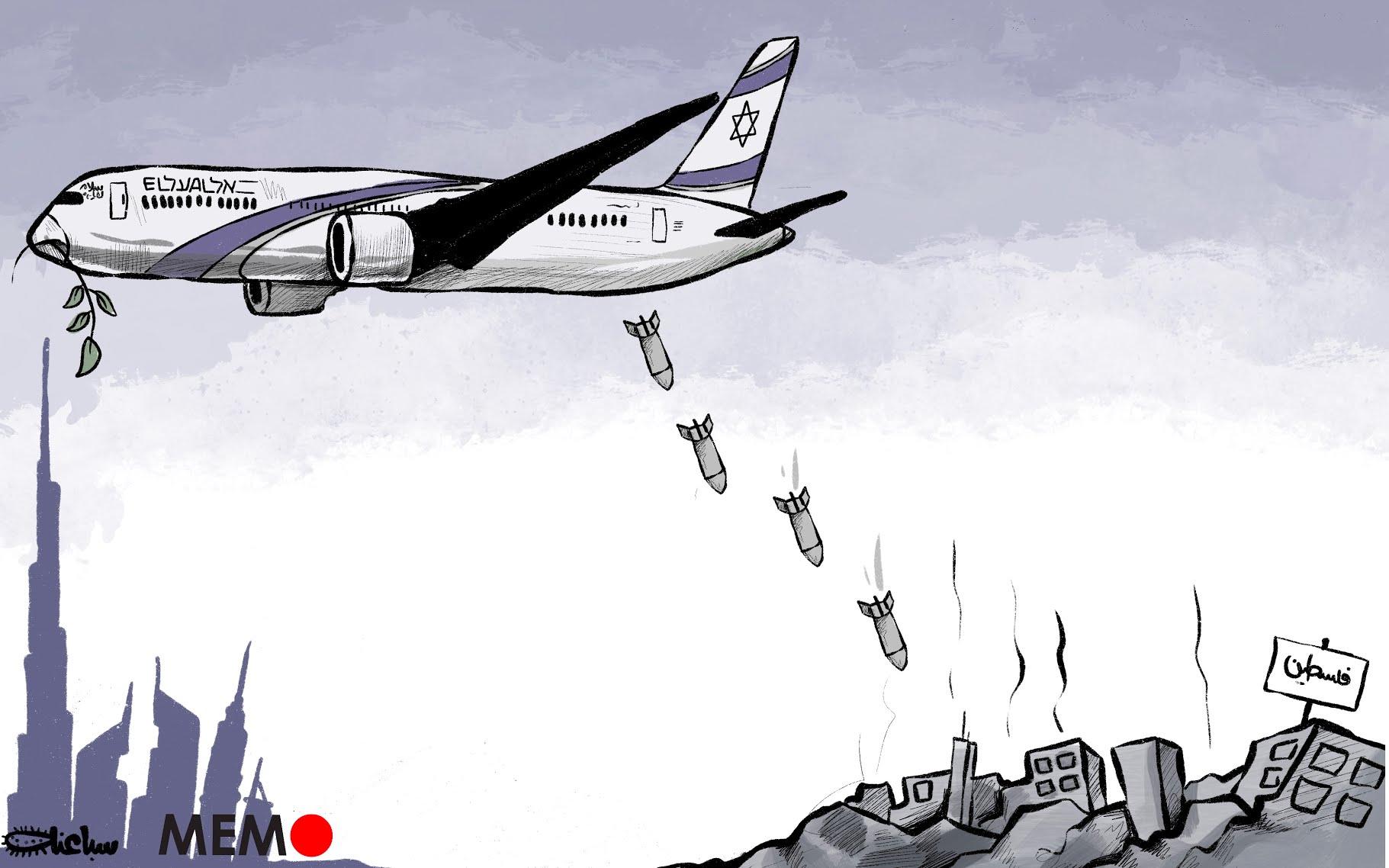 First Israeli plane landed in Abu Dhabi after taking off from Tel Aviv and flying through Saudi airspace - Cartoon [Sabaaneh/MiddleEastMonitor]